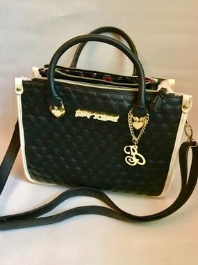 Betsey Johnson Light Pink Faux Fur/Black with two handles and long strap Purse